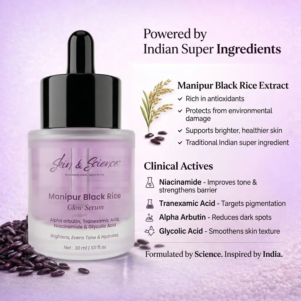 Manipur Black Rice Glow Serum | Brightening & Hydrating Face Serum with Niacinamide & Alpha Arbutin Skin & Science Serum